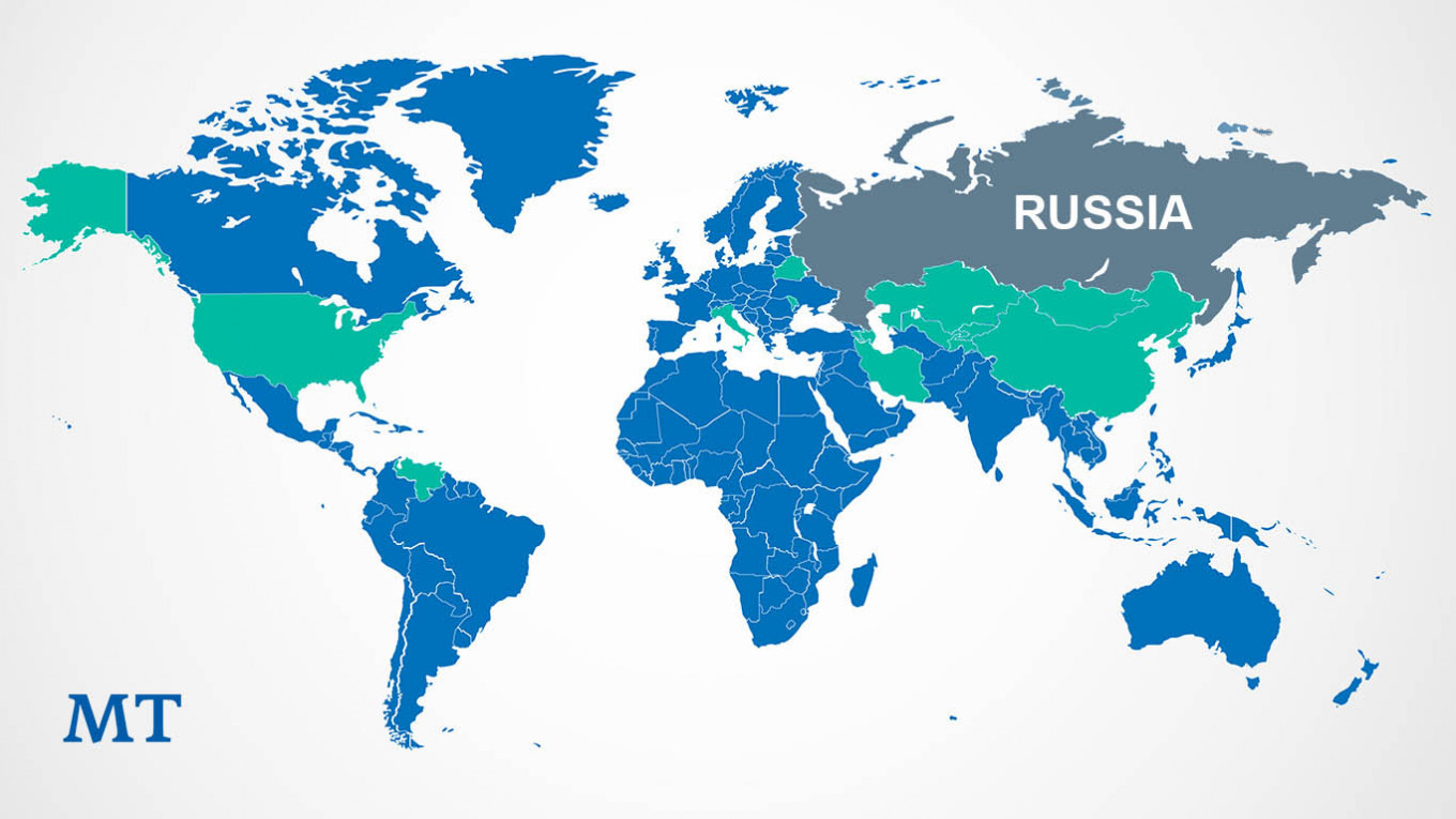 Страны, получившие российскую помощь, отмечены зеленым МТ