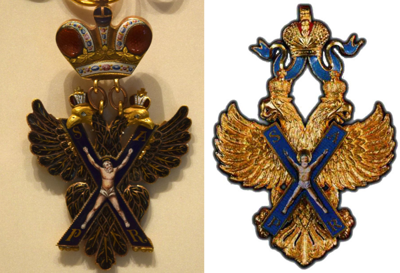 Слева – императорский знак ордена Андрея Первозванного, справа – нынешний; св. апостол Андрей считается покровителем России; правда, в житии его написано, что благословил он место, где потом появился город Киев