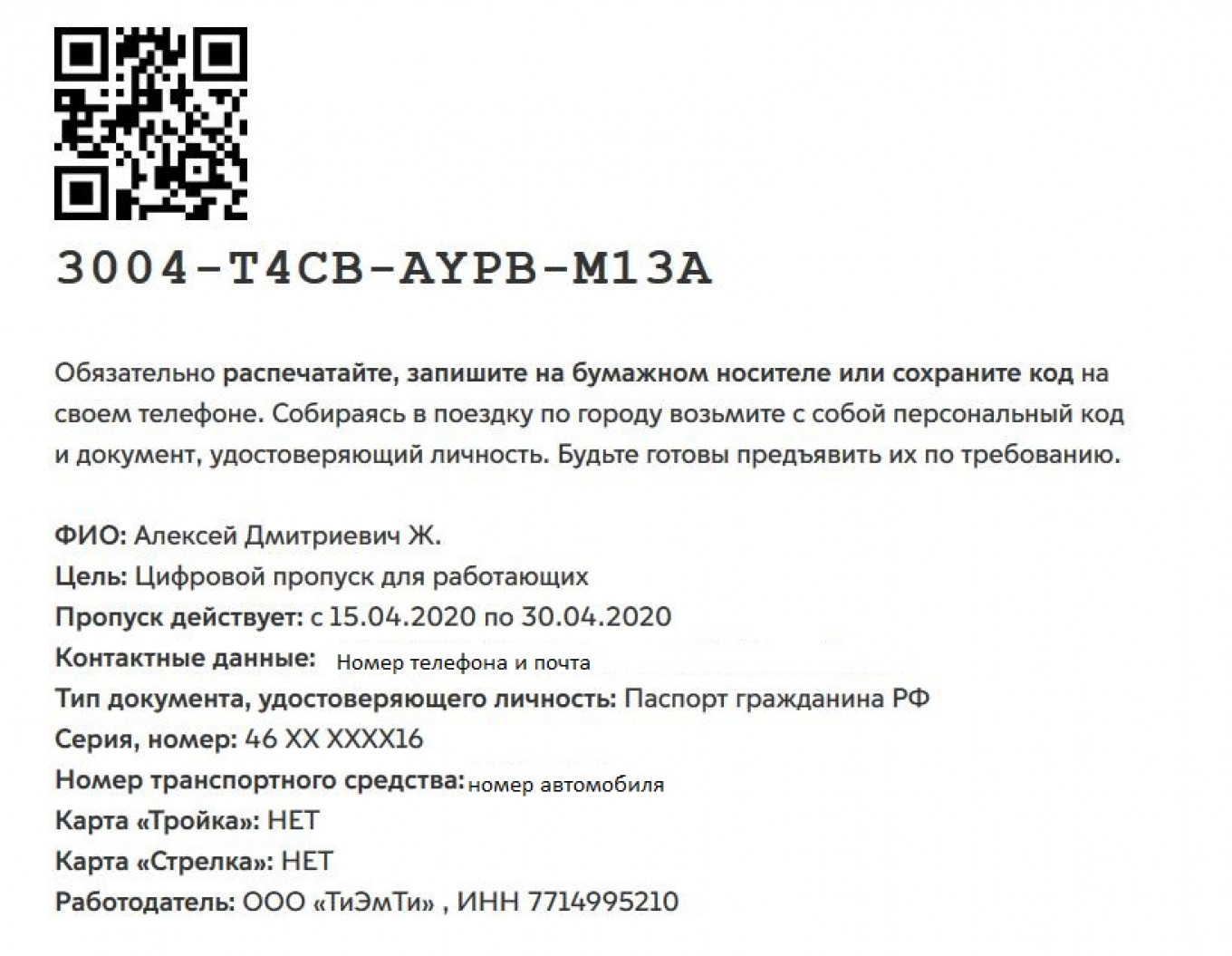 Как выглядит пропуск в Москве МТ