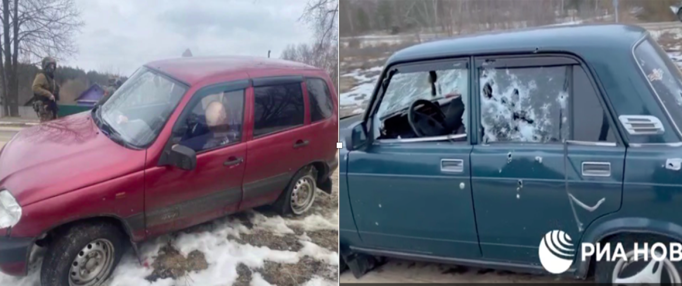 Автомобильные свидетельства зверств от официальных СМИ. Правда, в «Ниве» (бордовая машина) нет битых стекол, и как пуля попала внутрь, чтобы убить водителя и ранить Федора, не видно. Битые стекла есть у «семерки», но она не «Нива» Коллаж