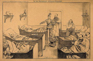 Пандемия гриппа (1889–1890). Больница для пациентов, страдающих гриппом. Репродукция литографии J. Braakensiek