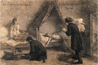 Третья пандемия холеры (1852–1860). Пациенты, страдающие холерой, во Франции во время эпидемии 1854 года. Карандашный рисунок А. Готье, 1859 год