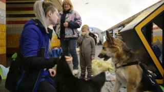 Люди с собаками в укрытии на станции метро Шулявка в Киеве.