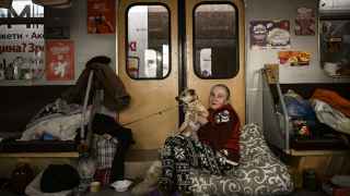 Женщина с собакой в метро Харькова пережидают воздушную тревогу. 

Граждане Украины зачастую укрываются от обстрелов или бегут из страны вместе со своими домашними питомцами.